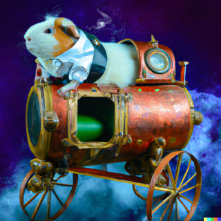 a guinea pig in space on a steam punk wagon
