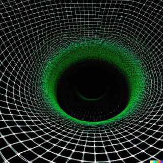 the singularity of a black hole represented as a 2d green on black grid deformed in the 3rd dimension