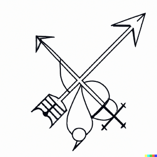 a tattoo of the planetary symbol for jupiter crossed with the arrow of Sagittarius