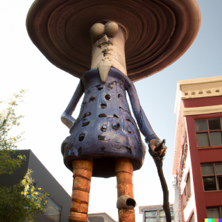 a twenty foot tall mushroom seller in downtown portland oregon in the style of ralph steadman