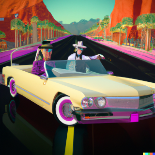 hunter thompson and doctor gonzo entering las vegas in a convertible cadillac as a ray tracing